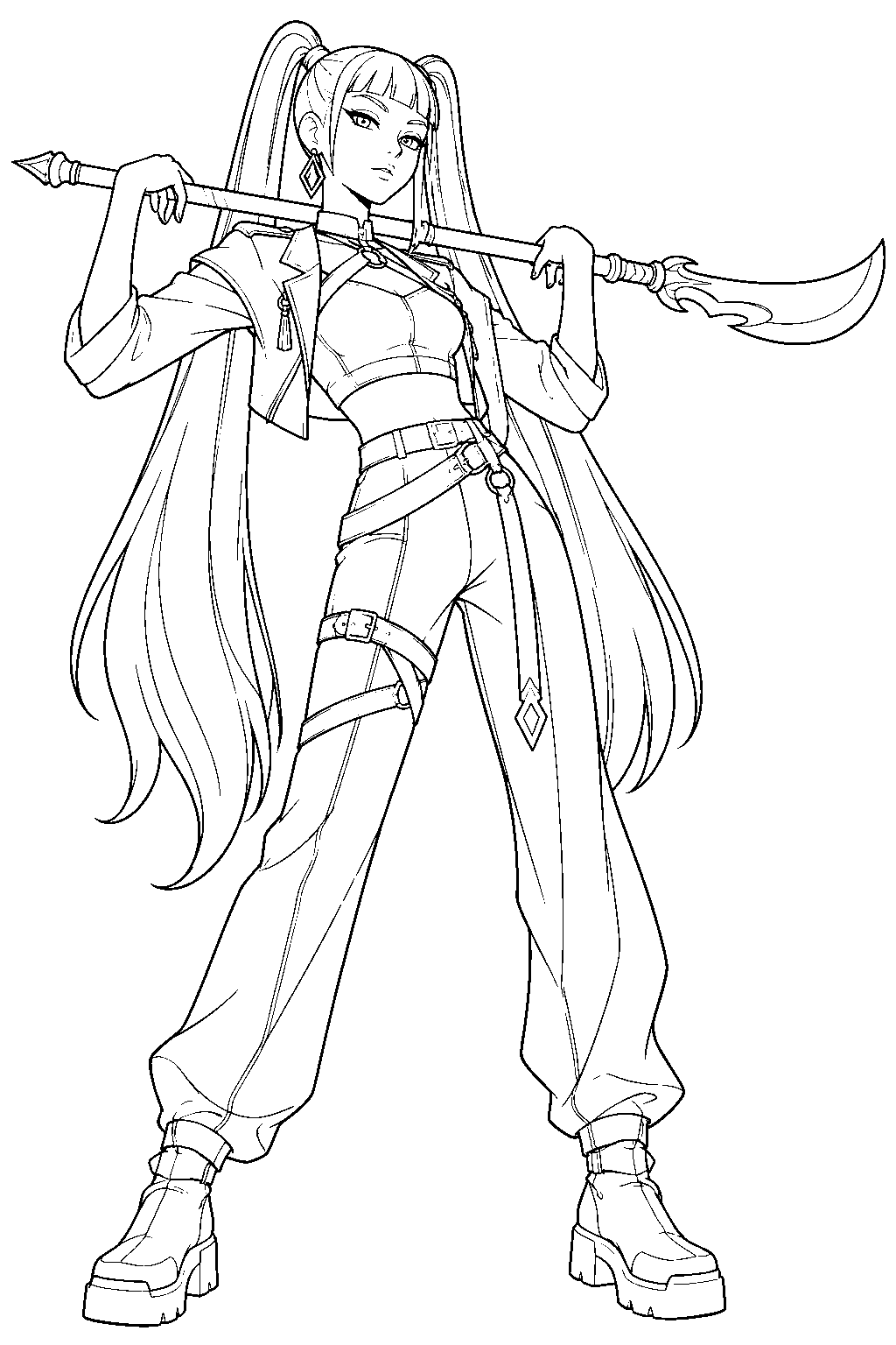 kpop demon hunters mira resting her gok do across her shoulders line art