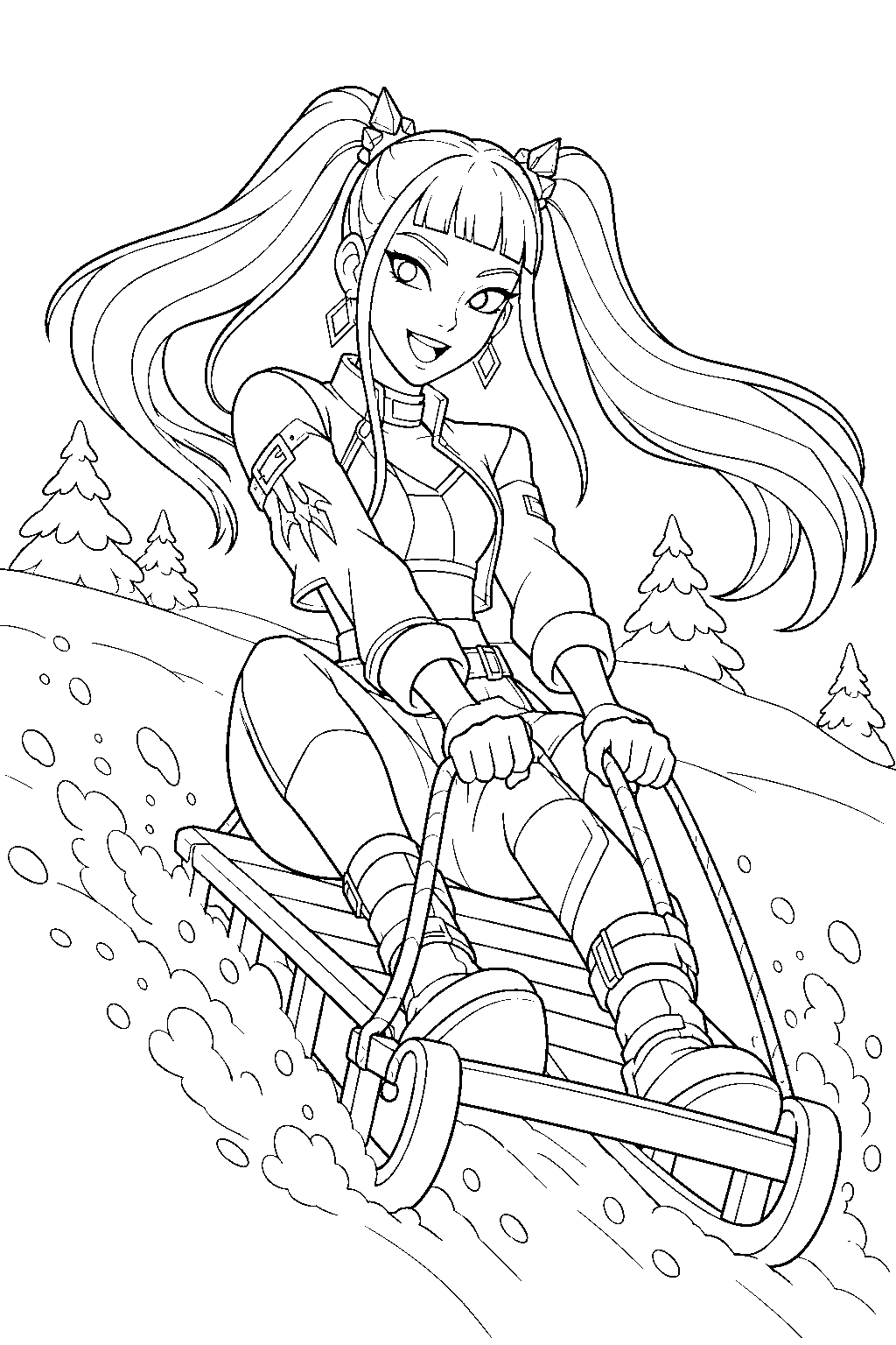 kpop demon hunters mira riding a sled through the snow line art