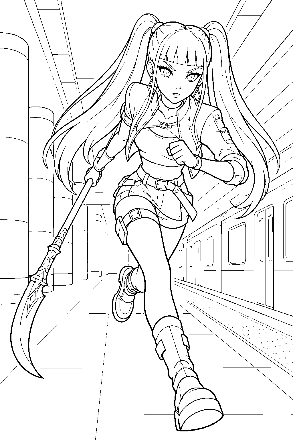 kpop demon hunters mira running through a subway station line art