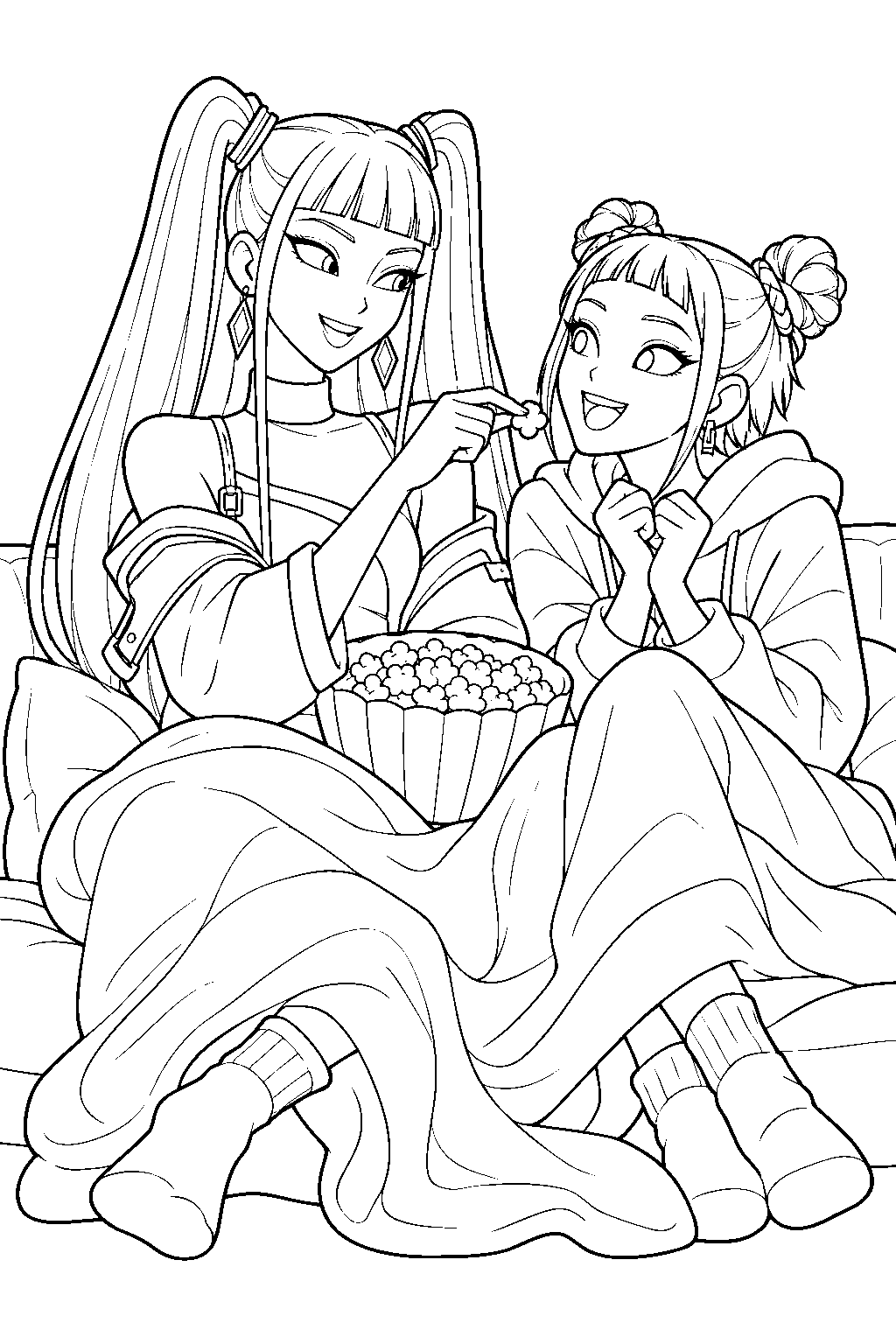 kpop demon hunters mira sharing popcorn with zoey at movie night line art