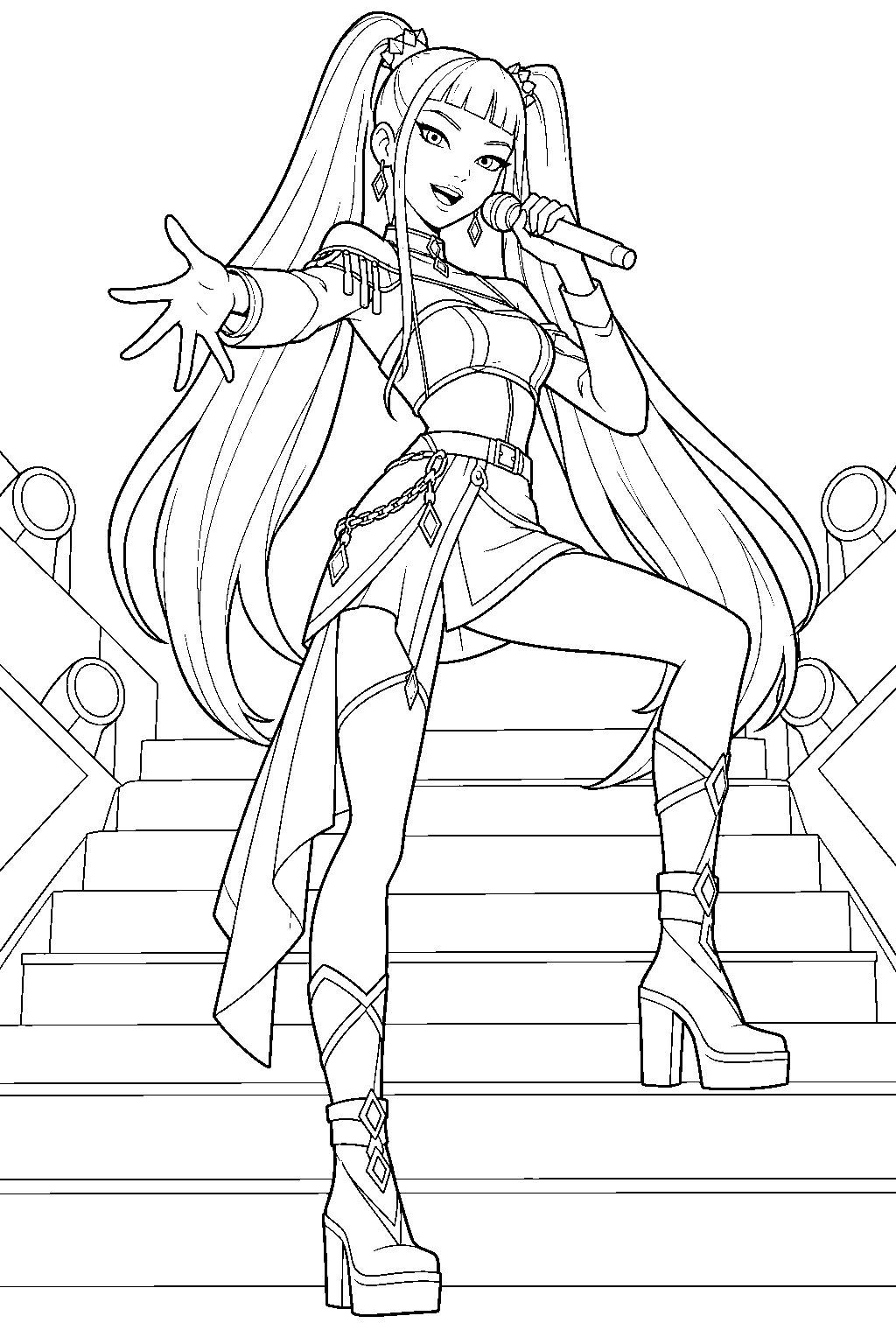 kpop demon hunters mira singing golden on concert stairs line art