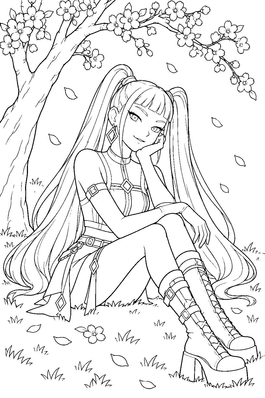 kpop demon hunters mira sitting beneath a cherry blossom tree line art