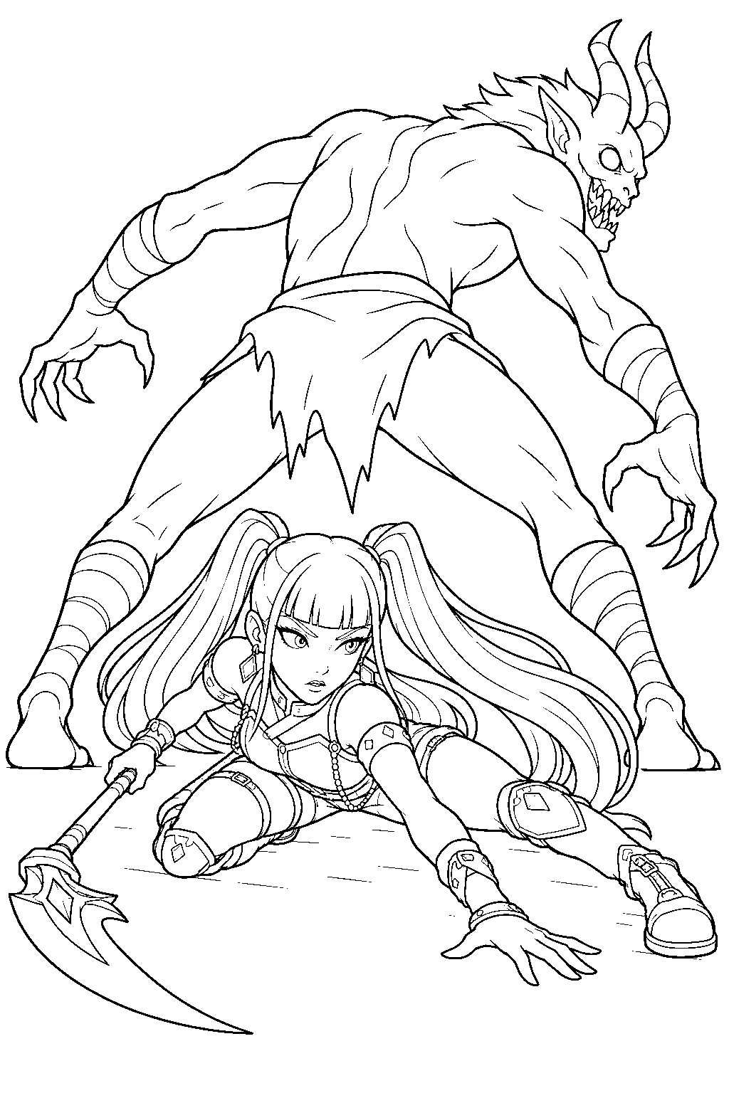 kpop demon hunters mira sliding beneath a demon on the floor line art