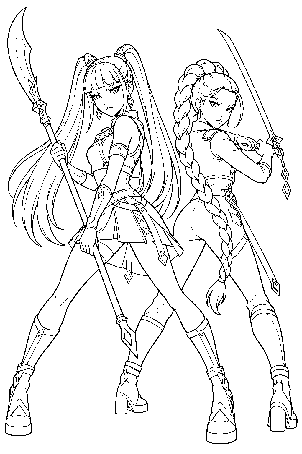 kpop demon hunters mira standing back to back with rumi in battle line art