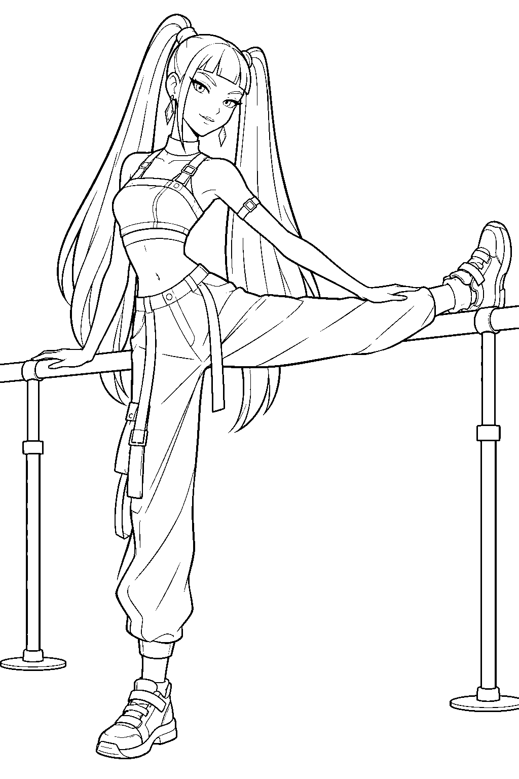 kpop demon hunters mira stretching beside a dance studio barre line art
