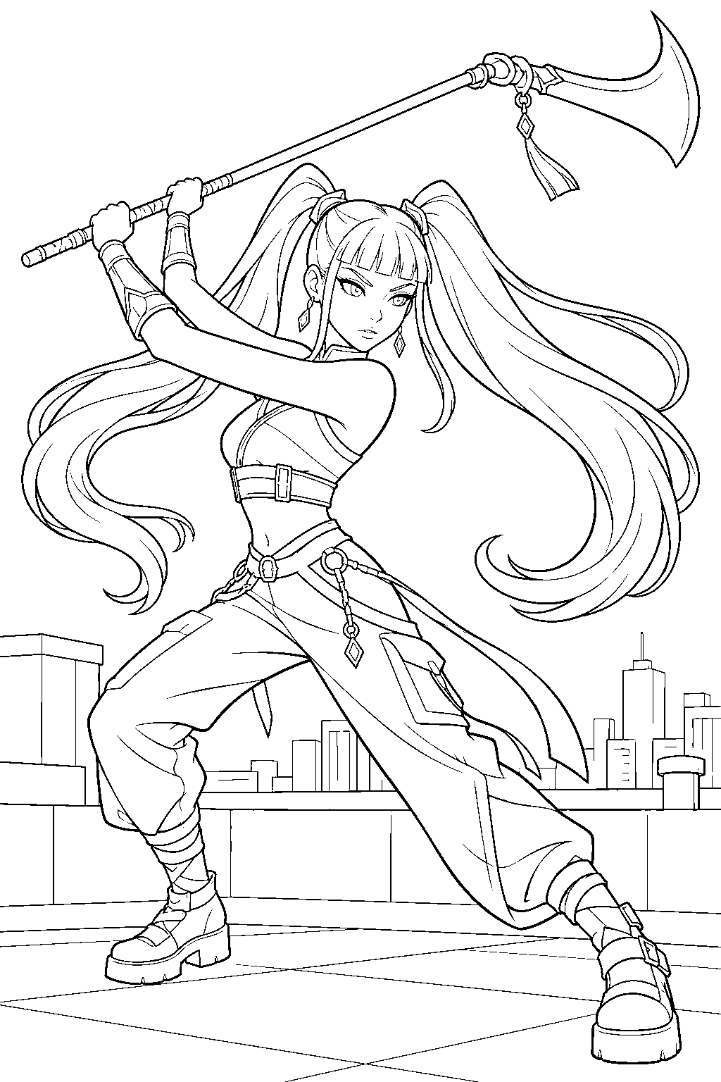 kpop demon hunters mira swinging her gok do on a rooftop line art