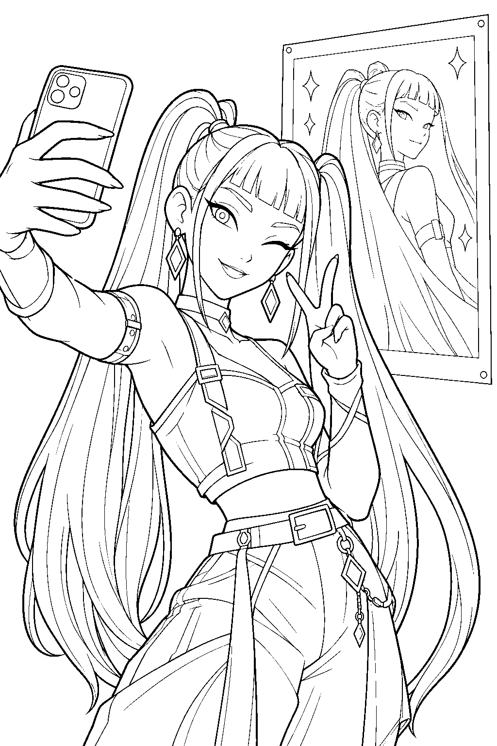 kpop demon hunters mira taking a selfie beside a huntrix poster line art