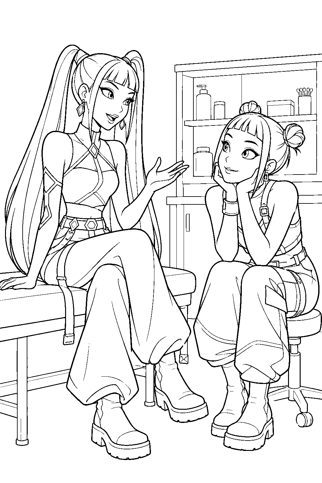 kpop demon hunters mira talking with zoey at healer han s clinic line art
