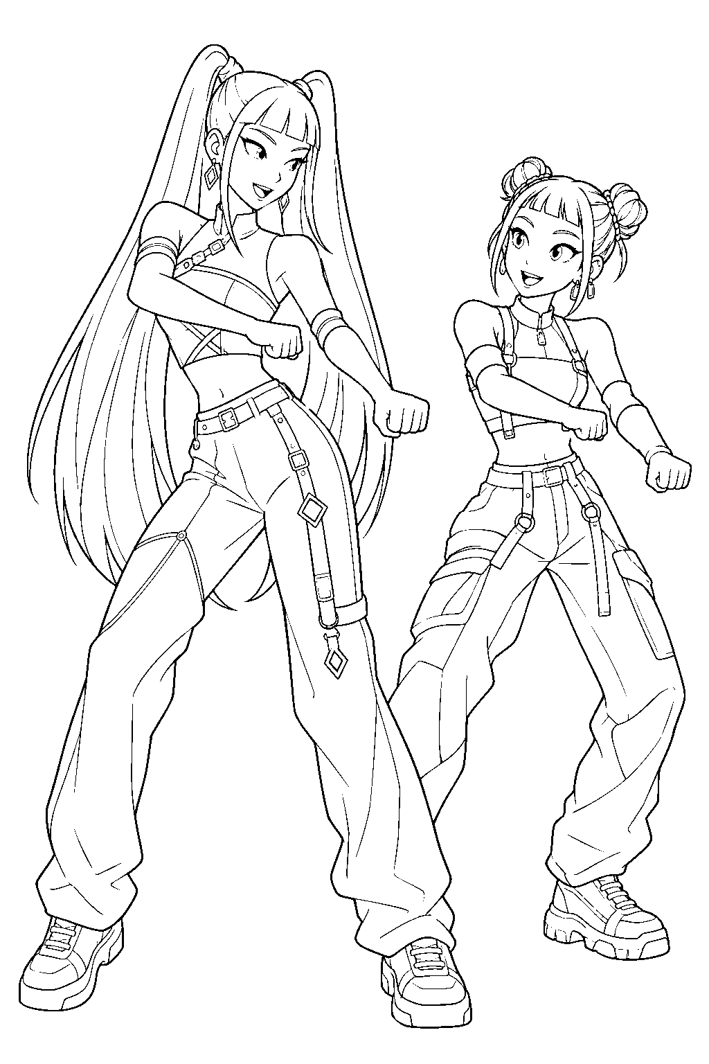 kpop demon hunters mira teaching zoey a dance step line art