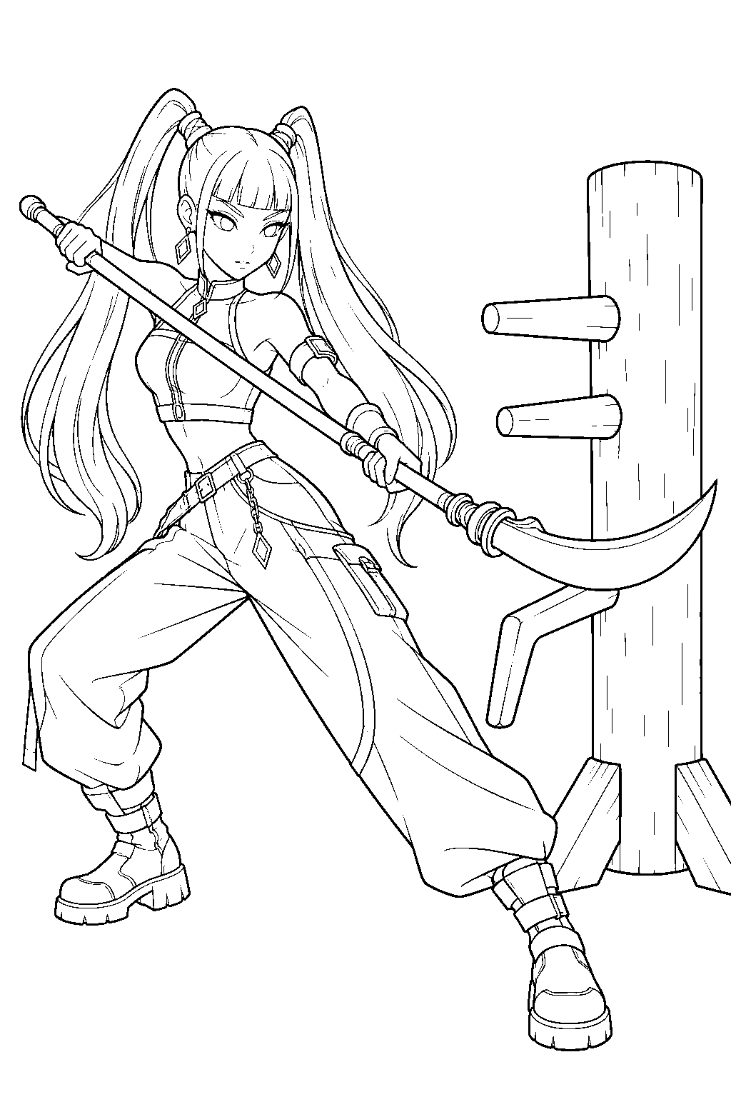 kpop demon hunters mira training with a practice dummy line art