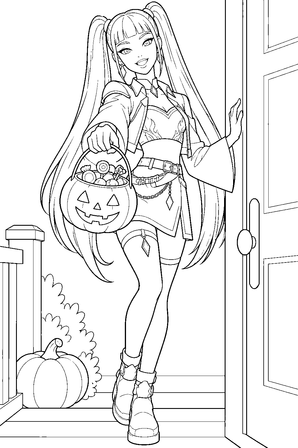 kpop demon hunters mira trick or treating with a candy bucket line art
