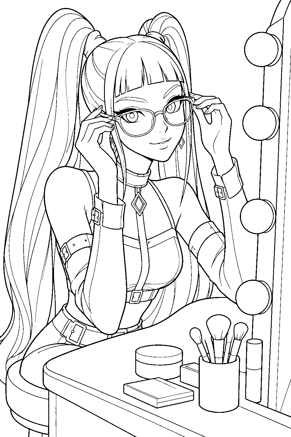 kpop demon hunters mira trying on glasses at a dressing room vanity line art