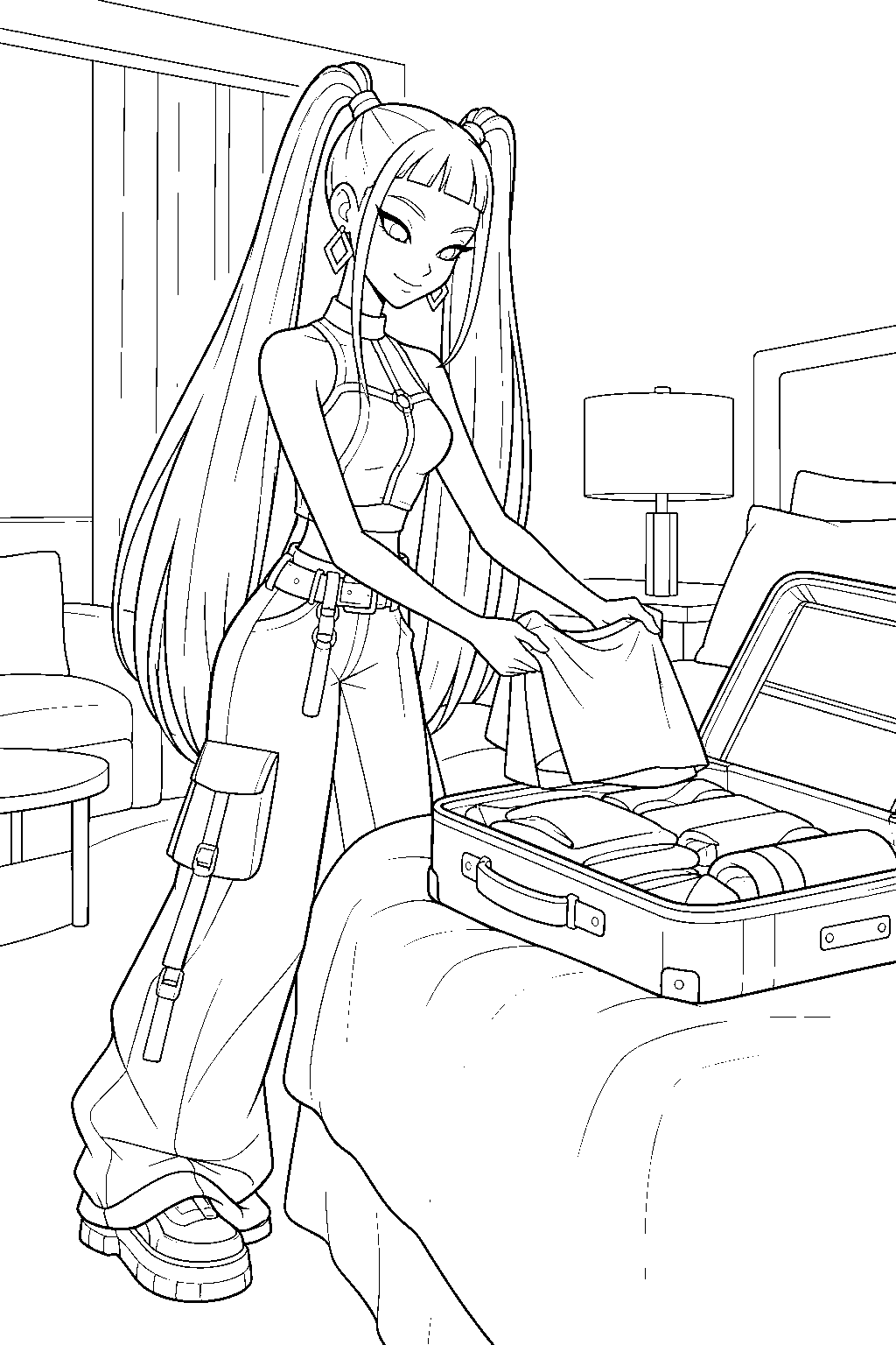 kpop demon hunters mira unpacking a suitcase in a hotel room line art