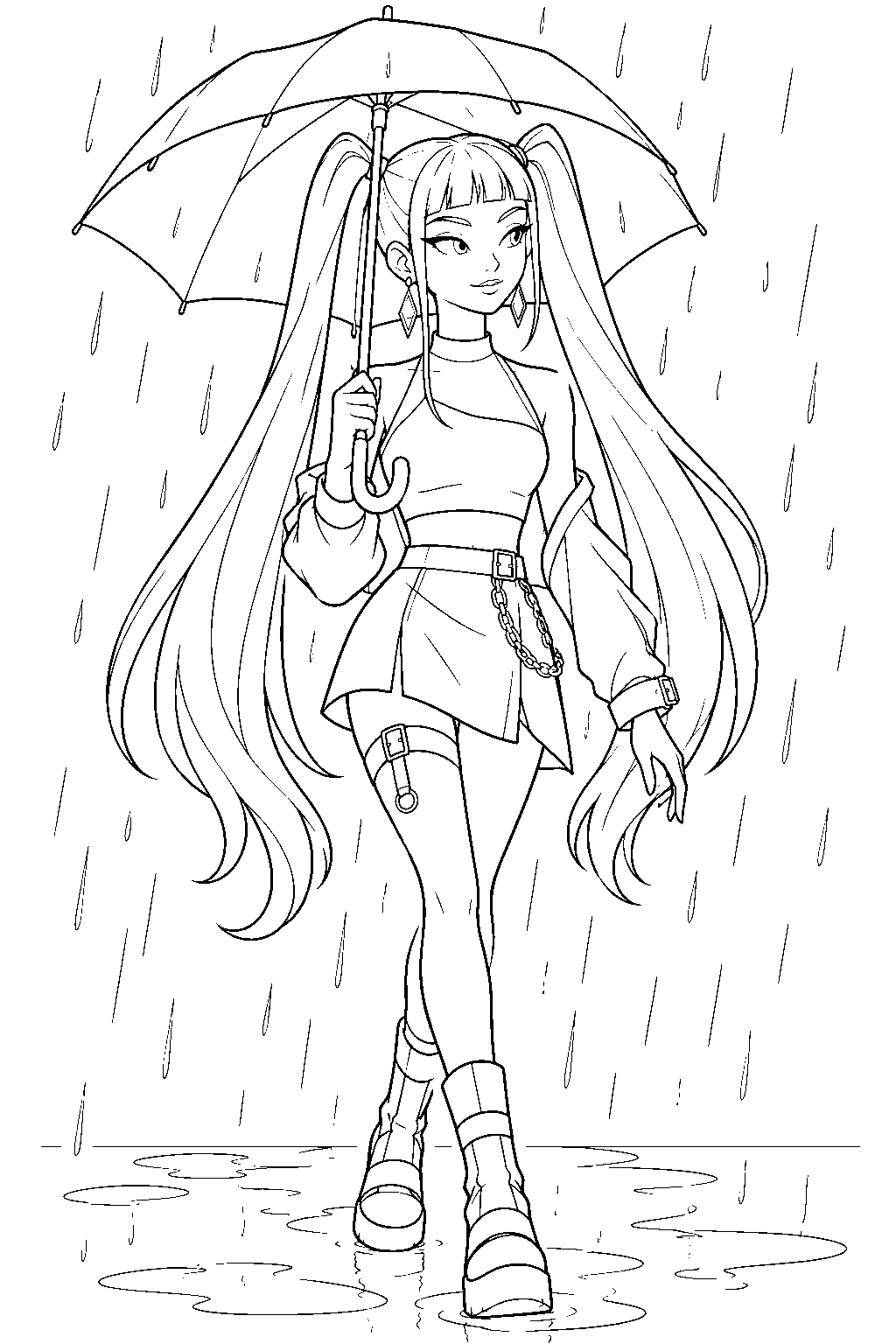 kpop demon hunters mira walking under an umbrella in the rain line art