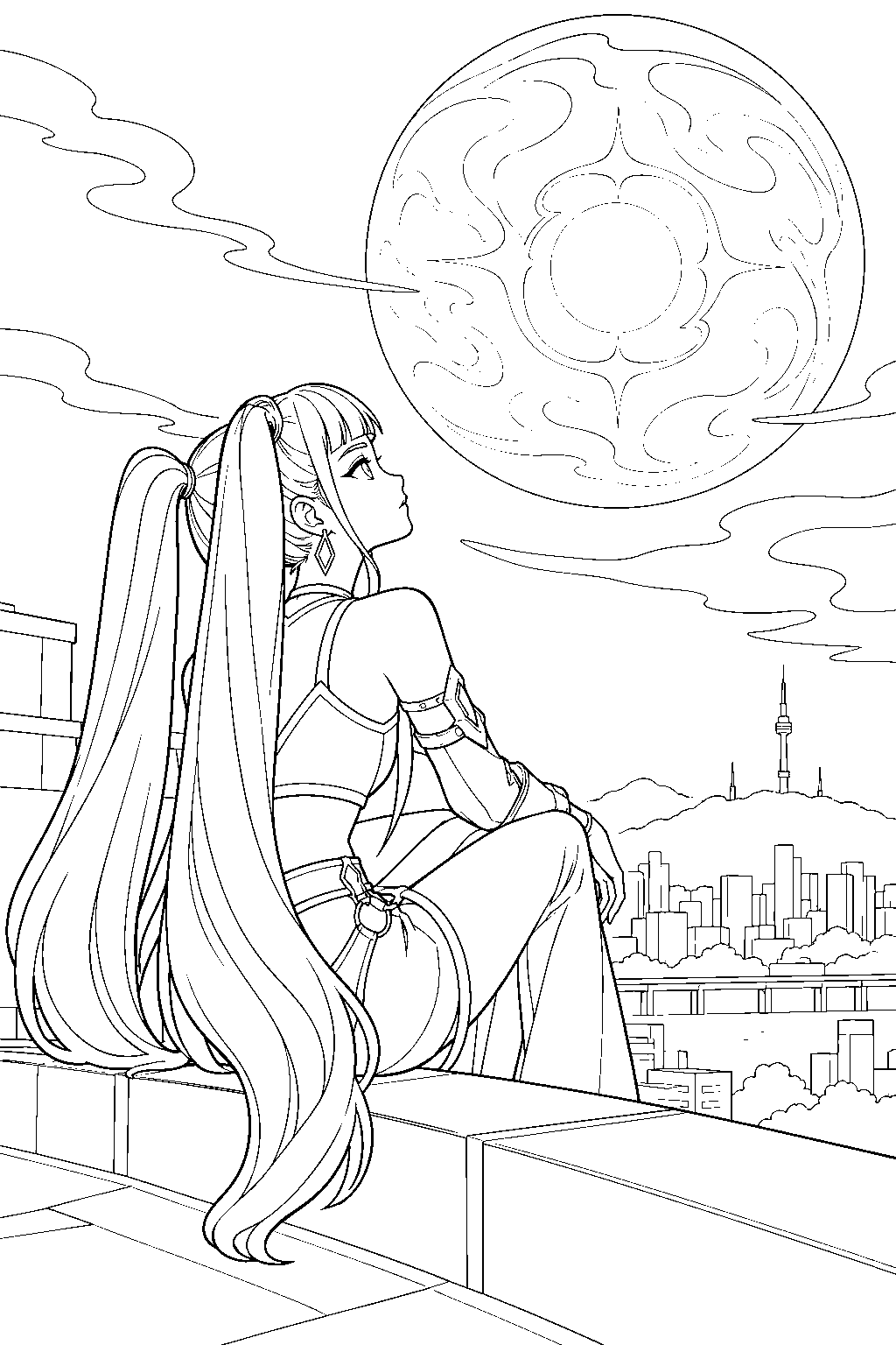 kpop demon hunters mira watching the honmoon from a rooftop line art