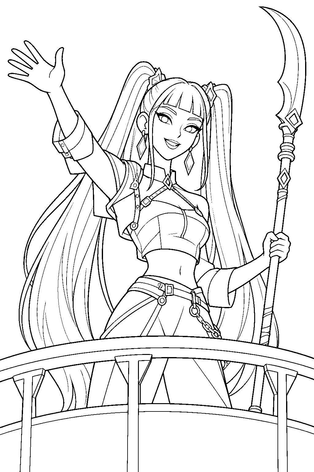 kpop demon hunters mira waving from a concert balcony line art