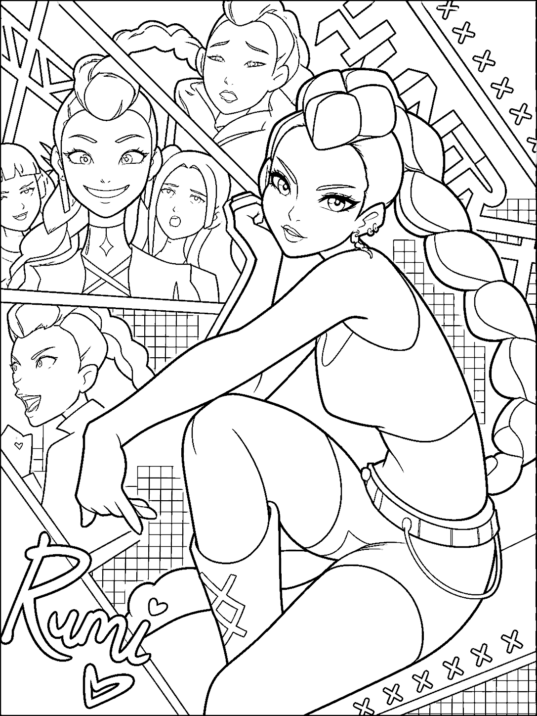 k pop demon hunters rumi manga panel line art for kids