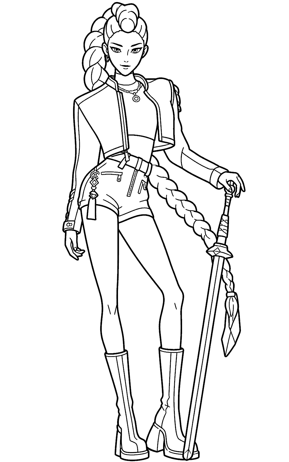 k pop demon hunters rumi standing with sword line art for kids