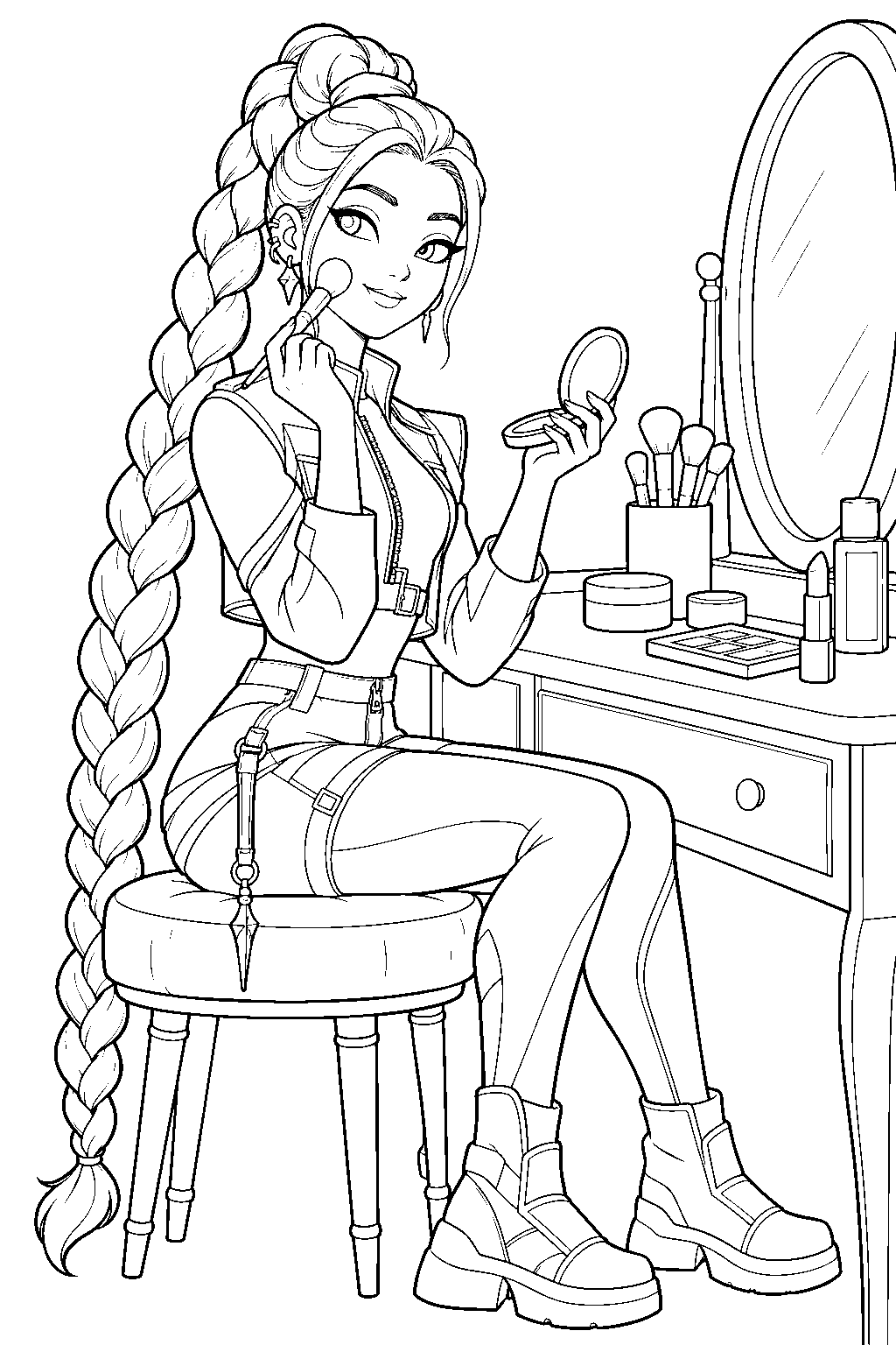 rumi kpop demon hunters applying makeup at a dressing table line art