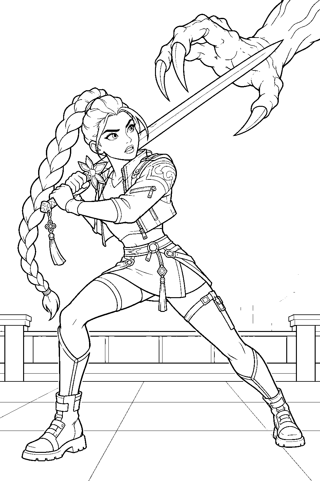 rumi kpop demon hunters blocking a demon claw with her sword line art