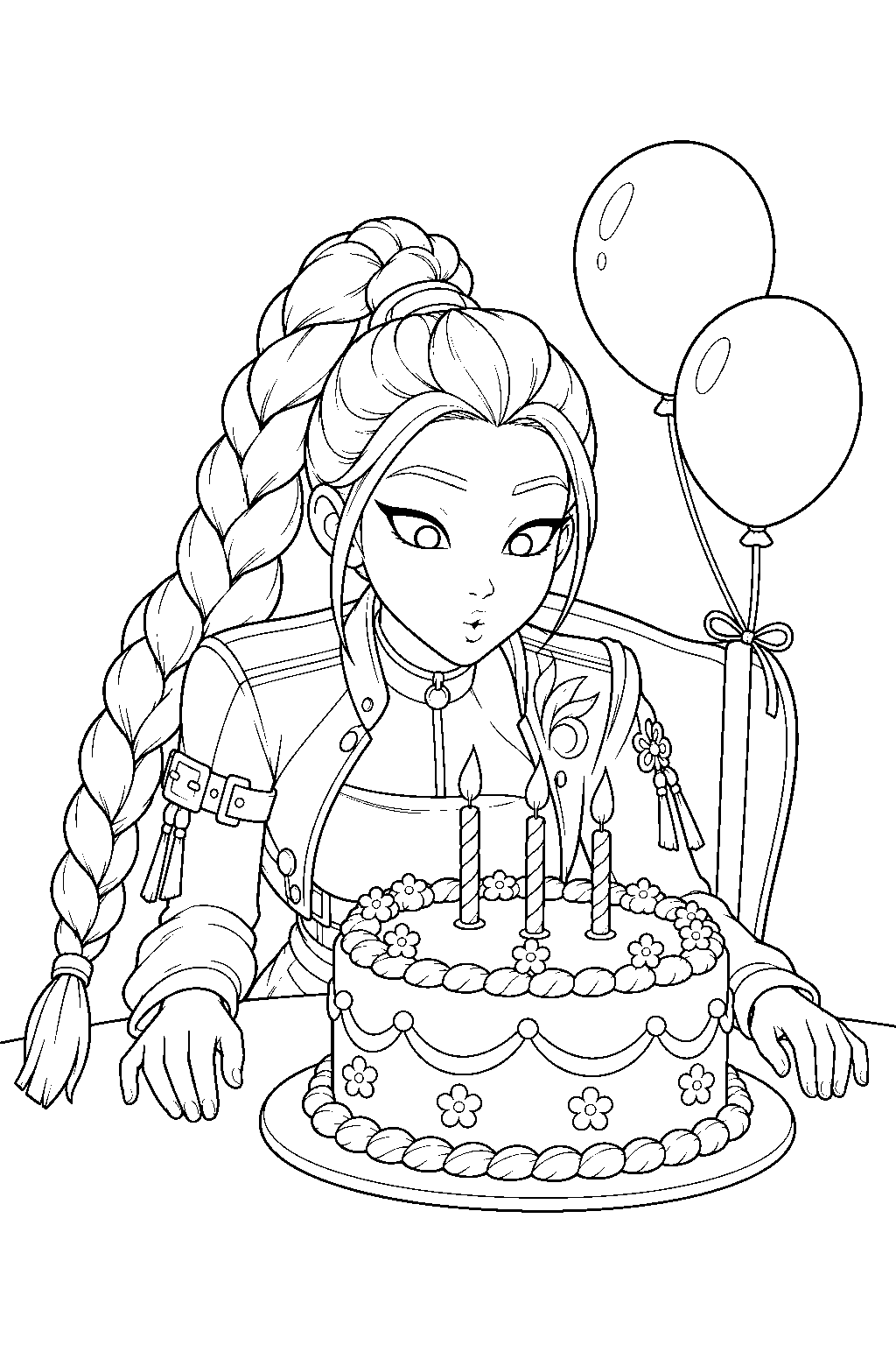 rumi kpop demon hunters blowing out birthday cake candles line art