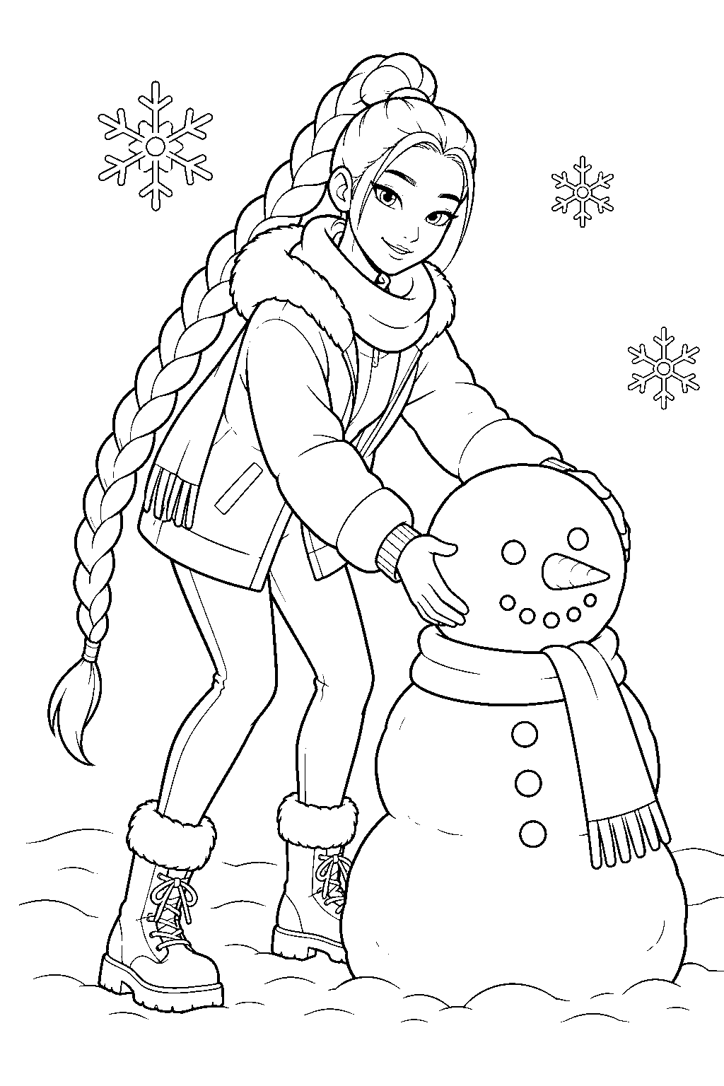 rumi kpop demon hunters building a snowman in winter line art