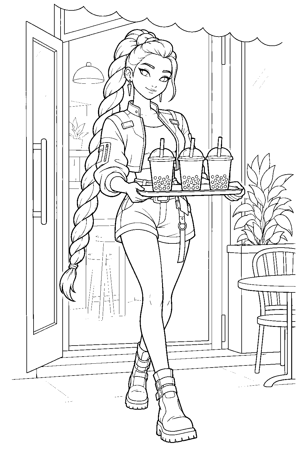 rumi kpop demon hunters carrying a tray of bubble tea line art