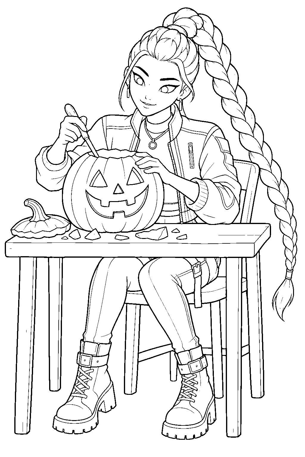 rumi kpop demon hunters carving a halloween pumpkin line art