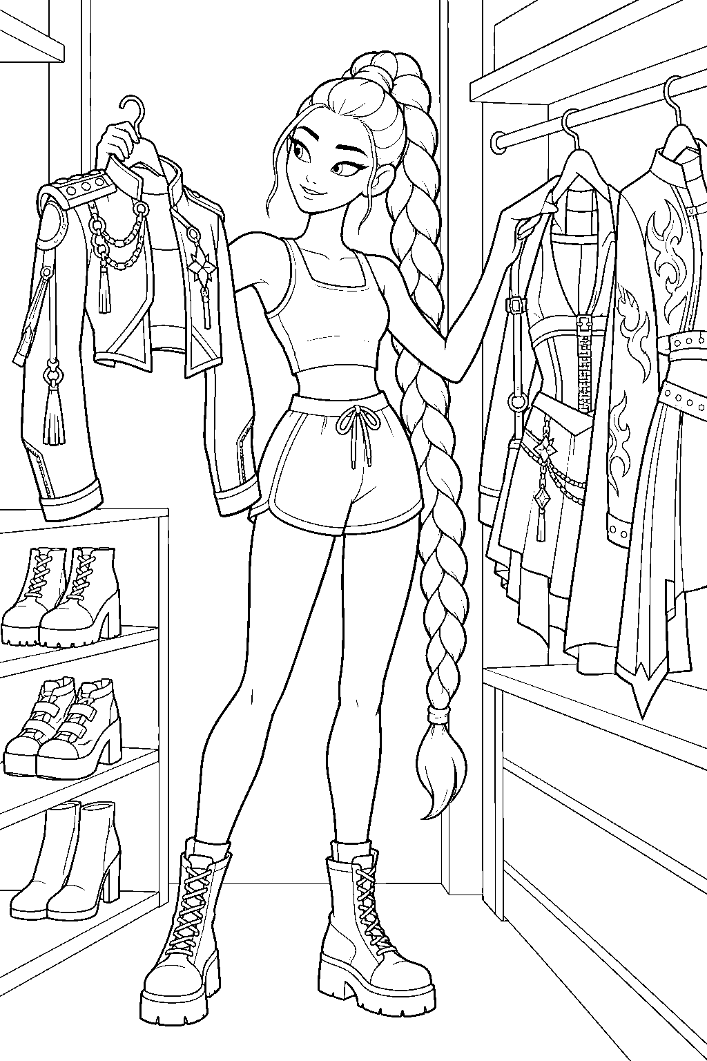 rumi kpop demon hunters choosing an outfit in her walk in closet line art