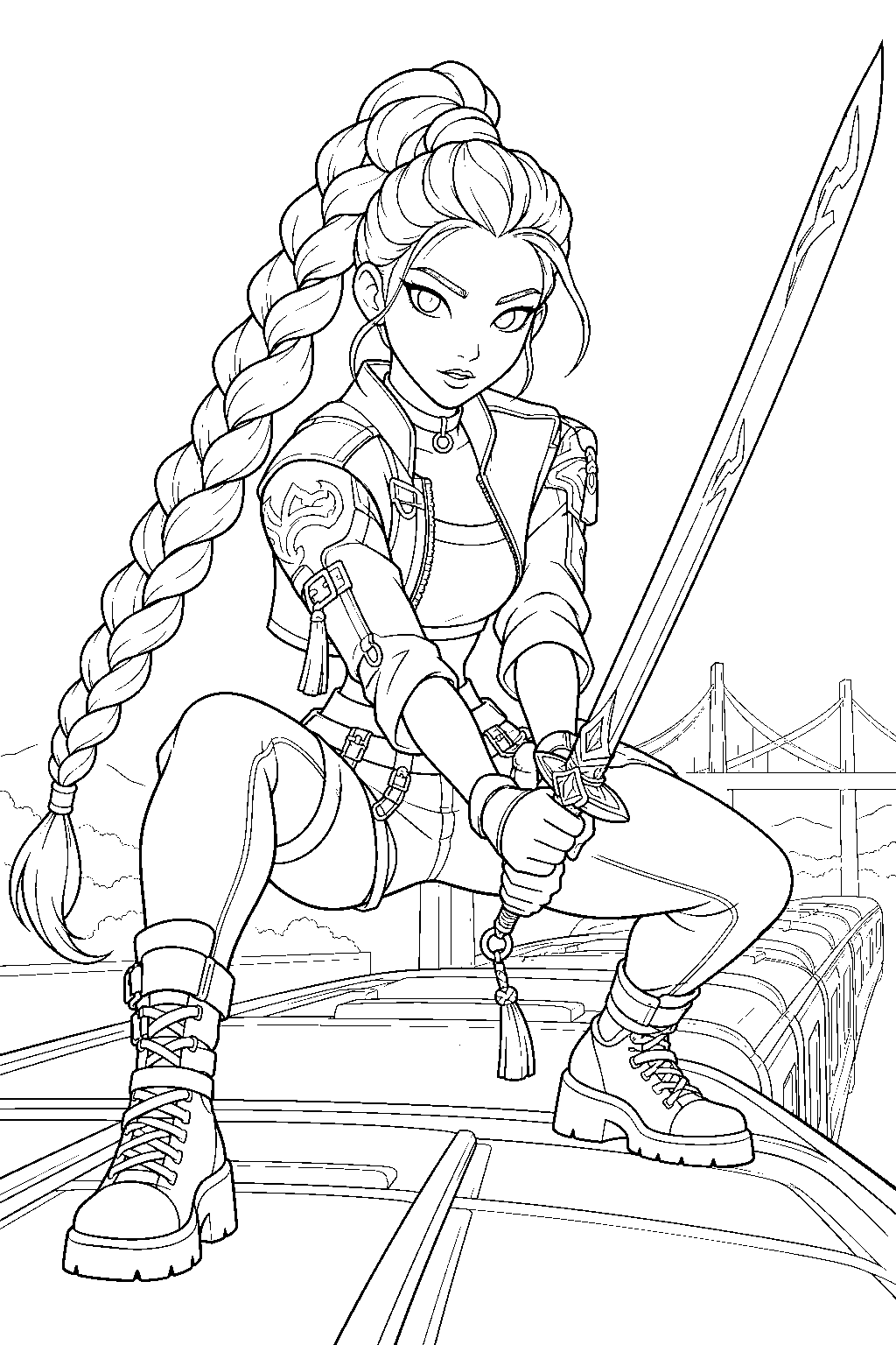 rumi kpop demon hunters crouching with her sword on a train roof line art