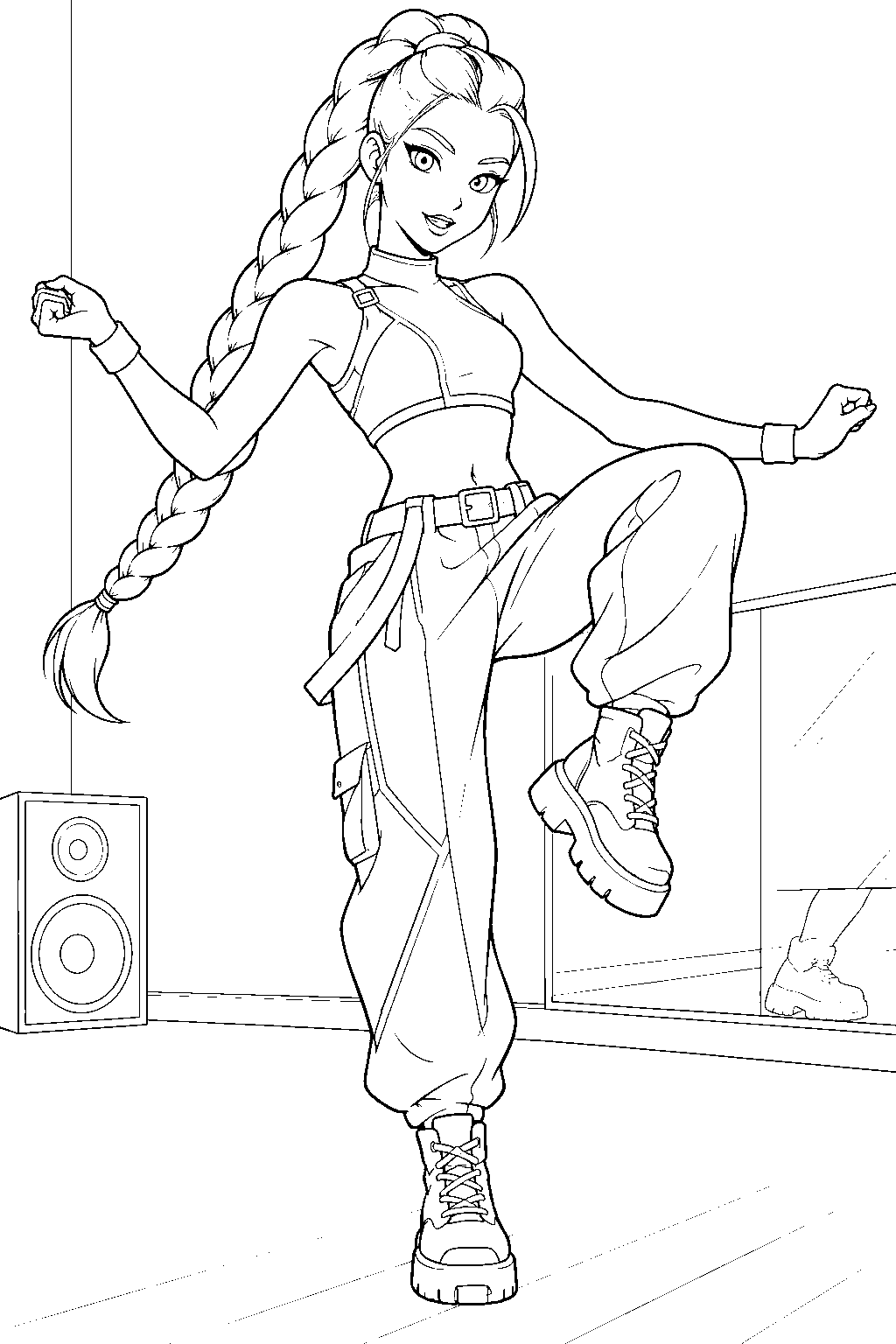 rumi kpop demon hunters dancing in a rehearsal room line art