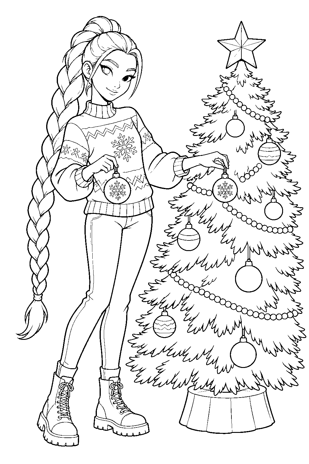 rumi kpop demon hunters decorating a christmas tree line art