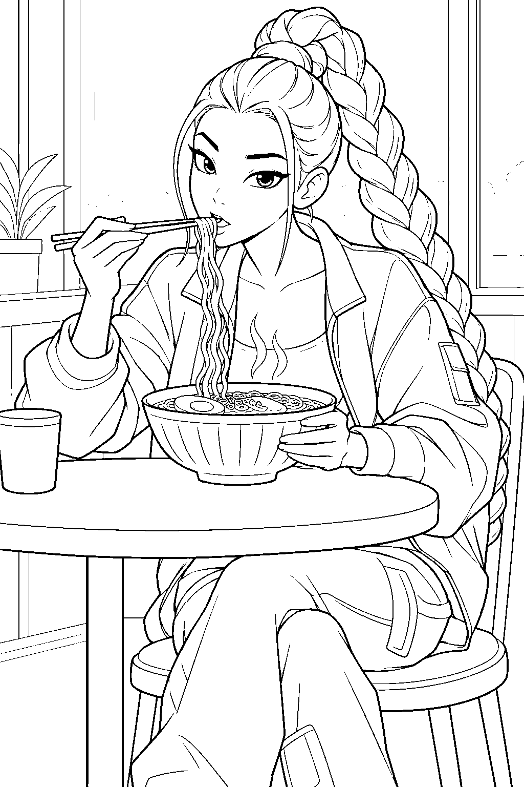 rumi kpop demon hunters eating ramen with chopsticks line art