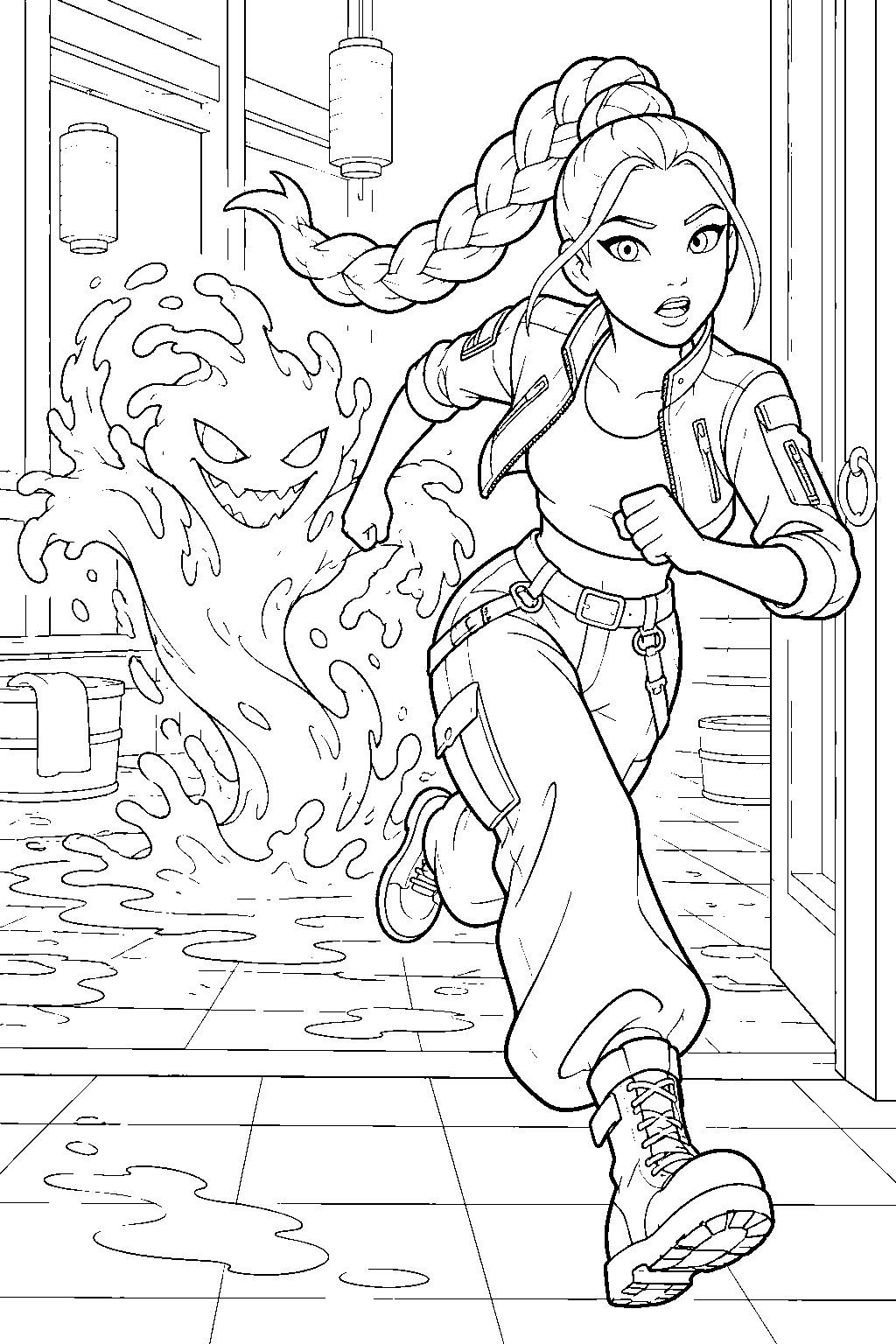 rumi kpop demon hunters escaping a water demon at the bathhouse line art