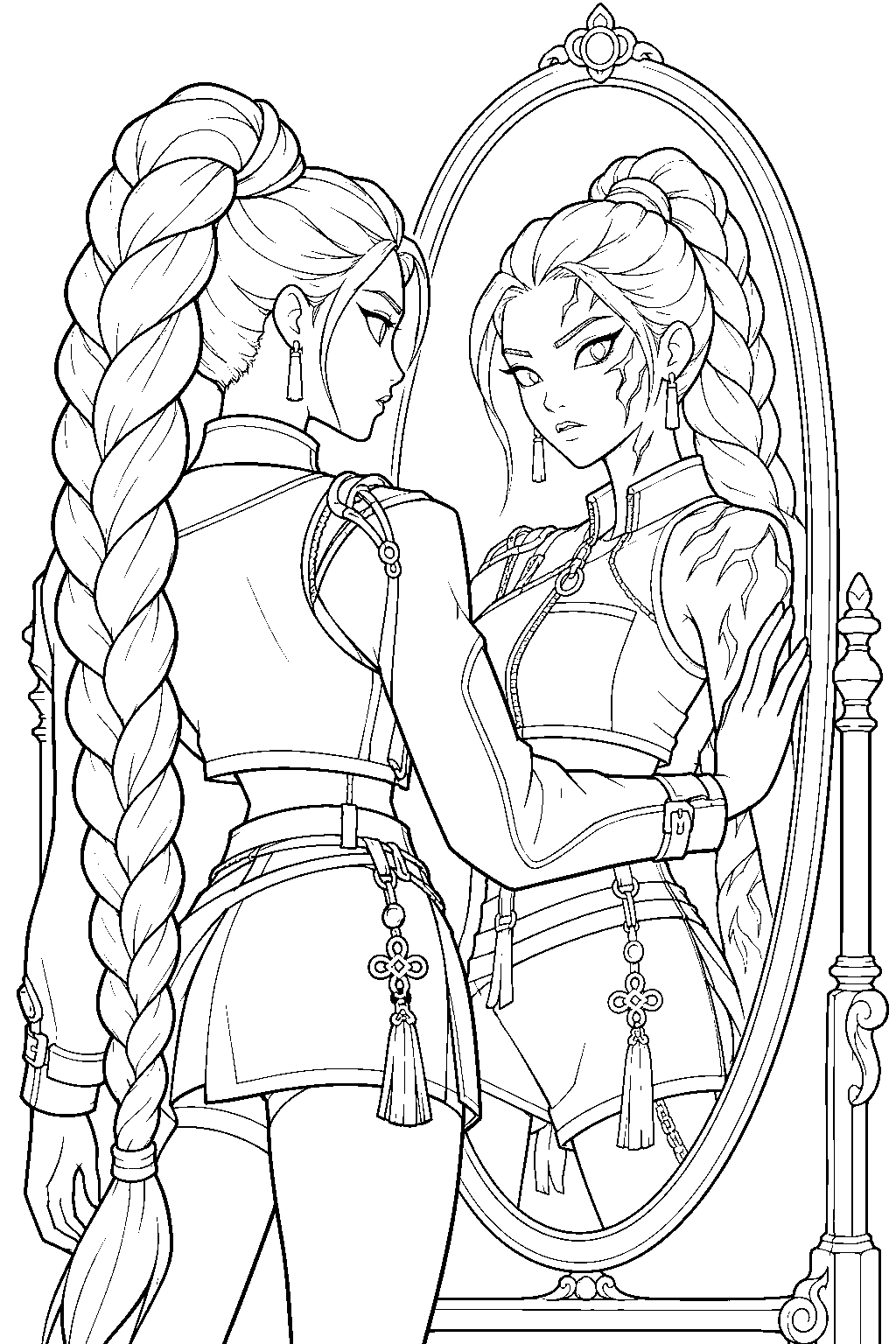 rumi kpop demon hunters facing her demon reflection in a mirror line art