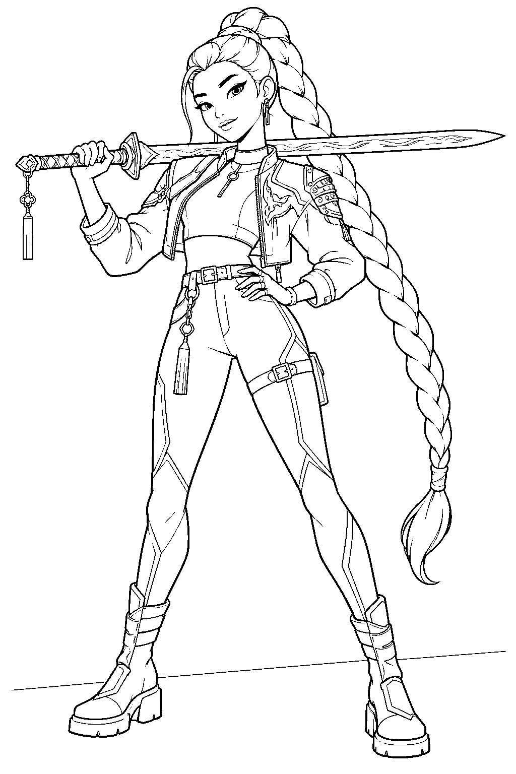 rumi kpop demon hunters holding her sword across her shoulders line art