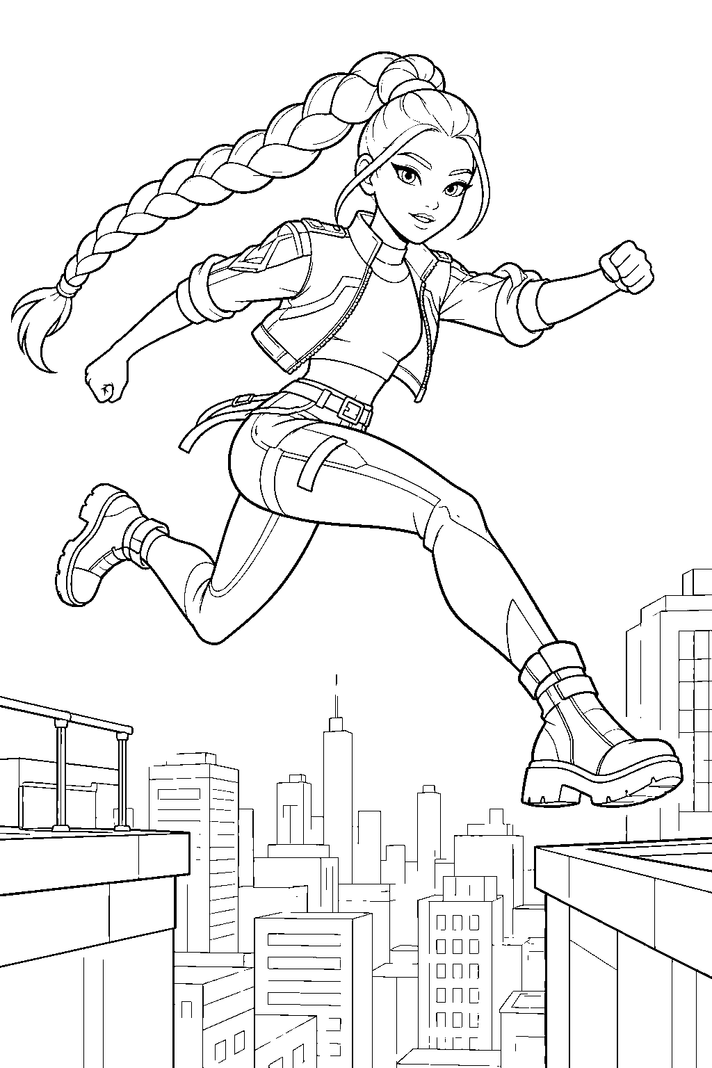 rumi kpop demon hunters jumping between city rooftops line art