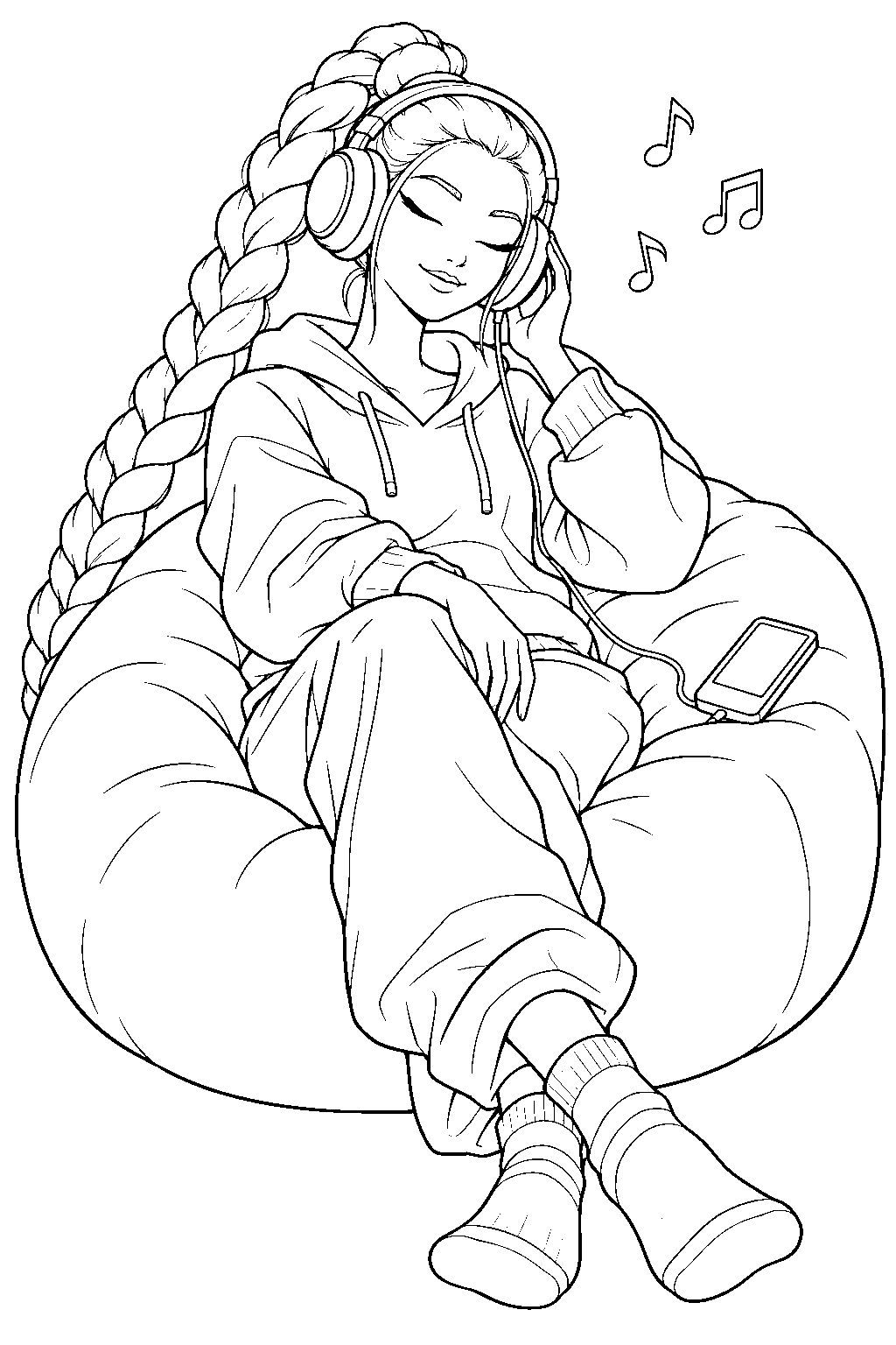 rumi kpop demon hunters listening to music in a beanbag chair line art