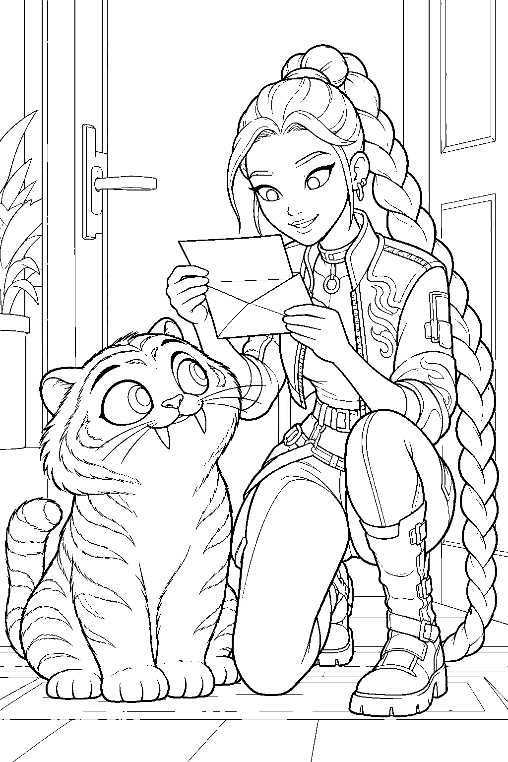 rumi kpop demon hunters opening a letter from derpy tiger line art