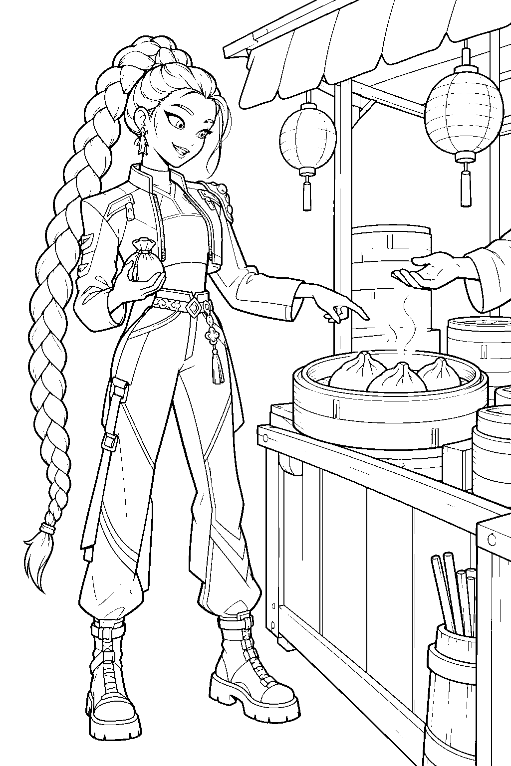 rumi kpop demon hunters ordering dumplings at a street food stall line art