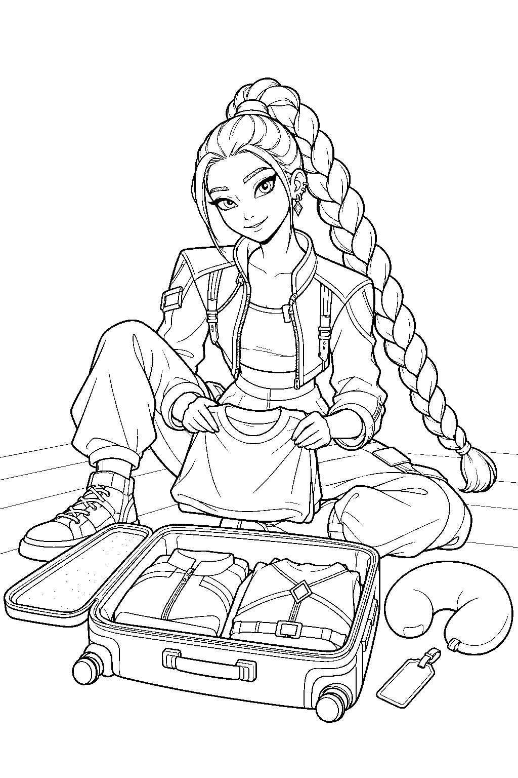 rumi kpop demon hunters packing an open suitcase for a world tour line art