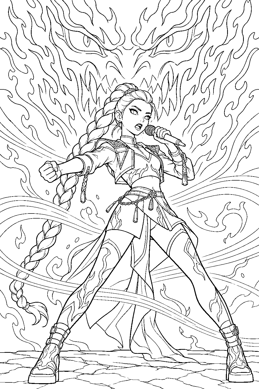 rumi kpop demon hunters performing what it sounds like against gwi ma line art