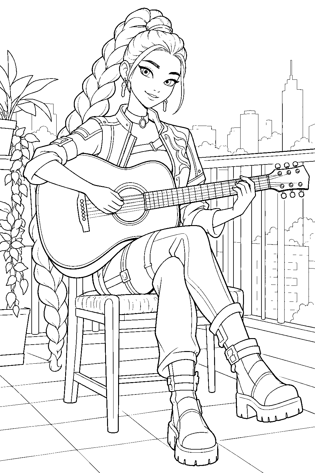 rumi kpop demon hunters playing a guitar on a balcony line art