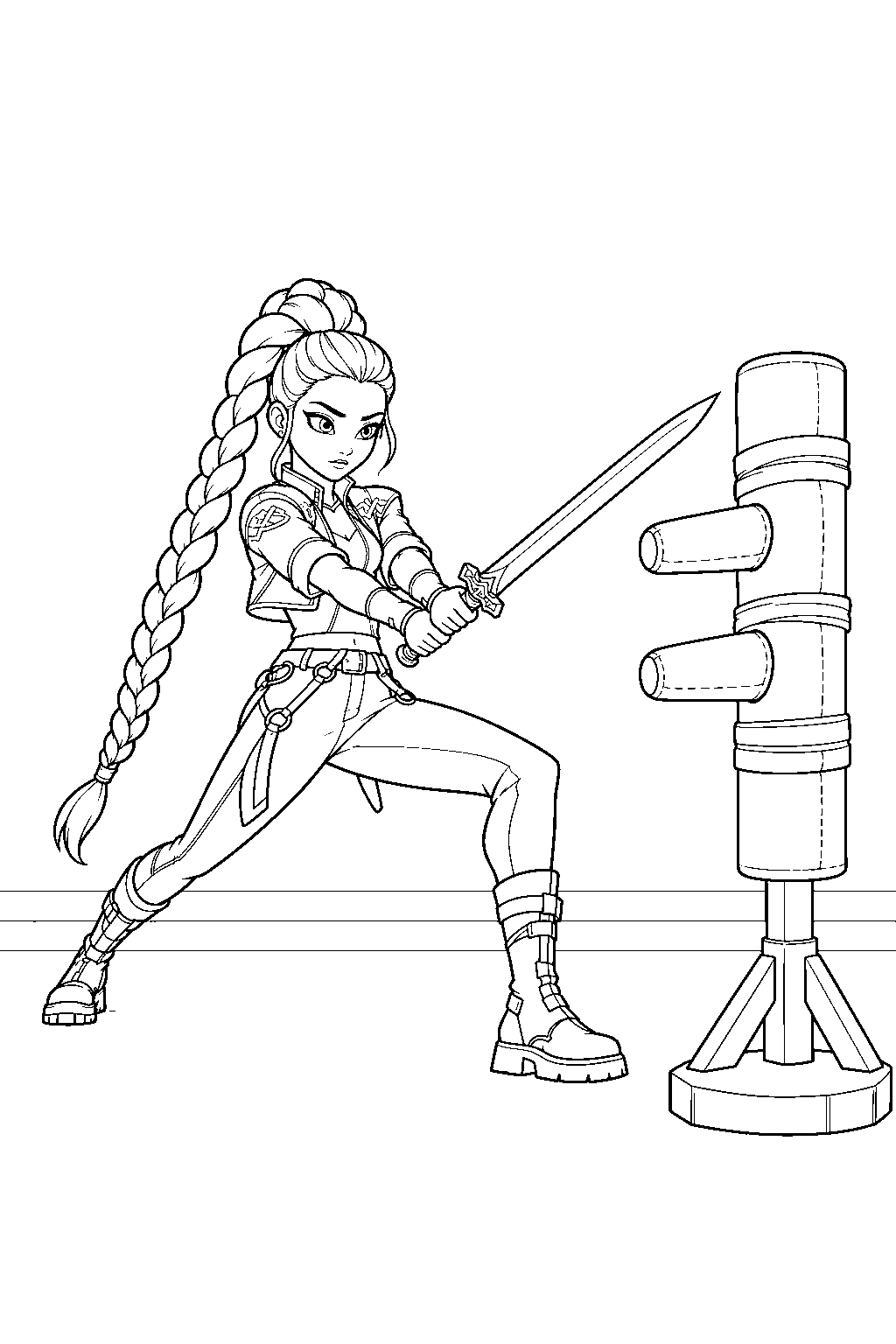rumi kpop demon hunters practicing sword moves with a training dummy line art