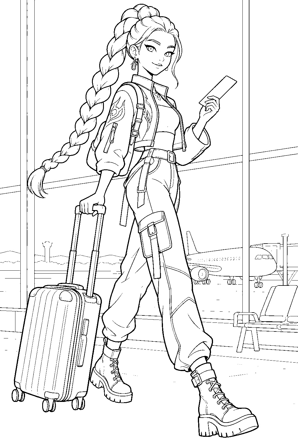 rumi kpop demon hunters pulling her luggage through an airport line art