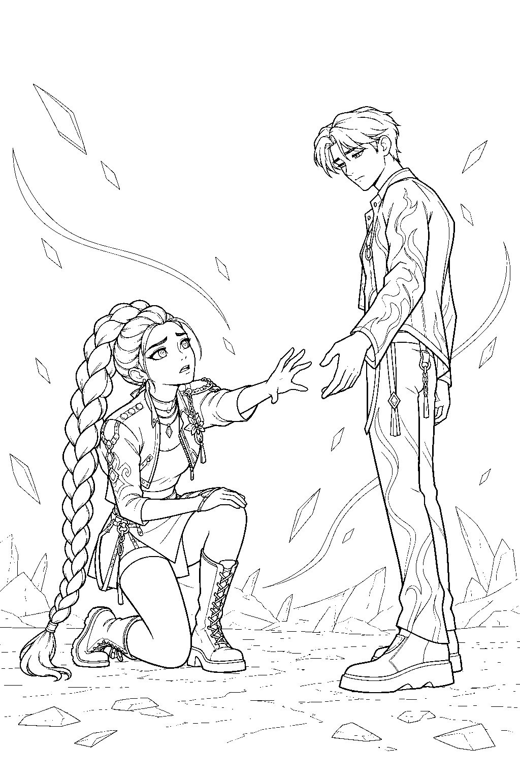 rumi kpop demon hunters reaching for jinu in the final battle line art
