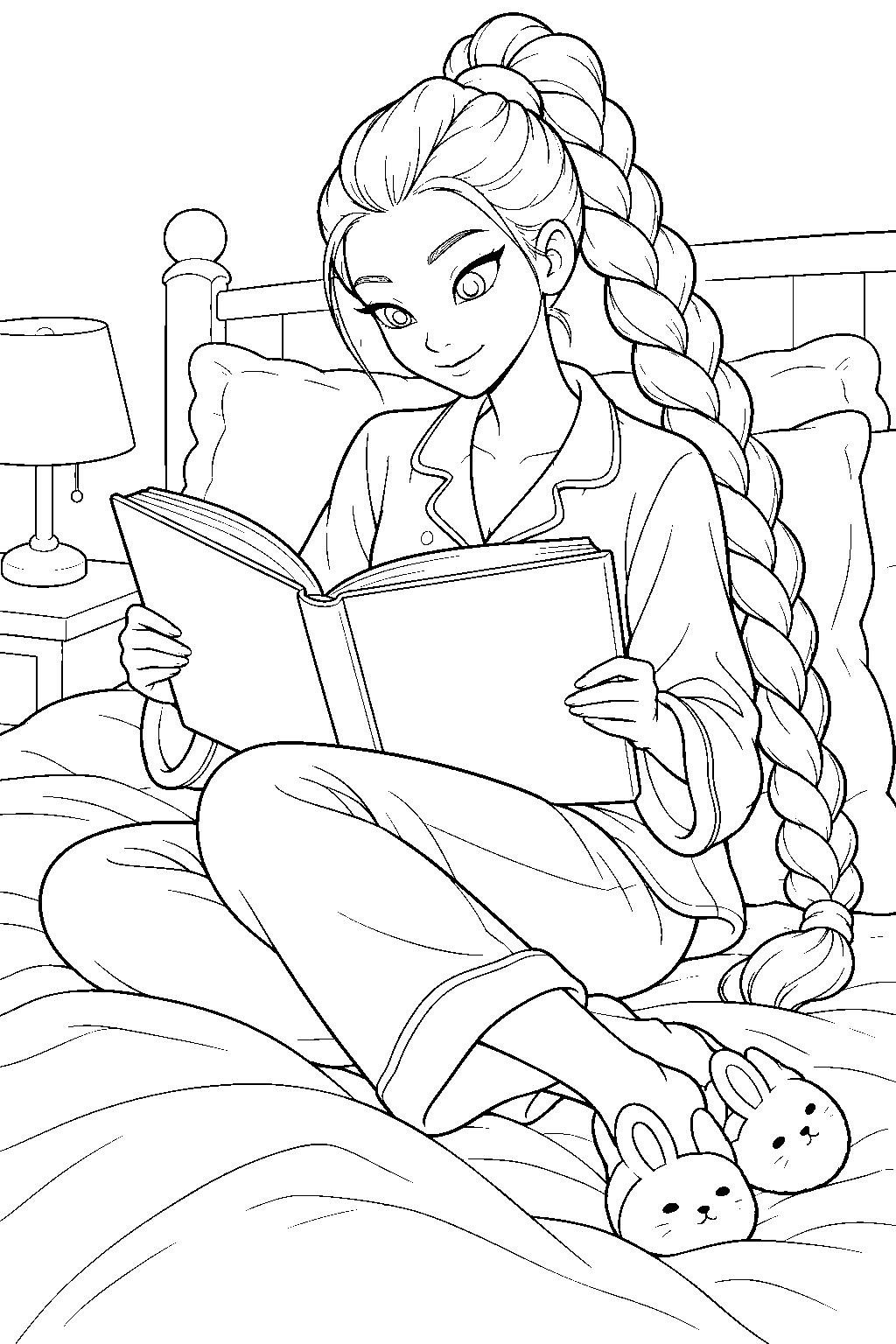 rumi kpop demon hunters reading a book on her bed line art