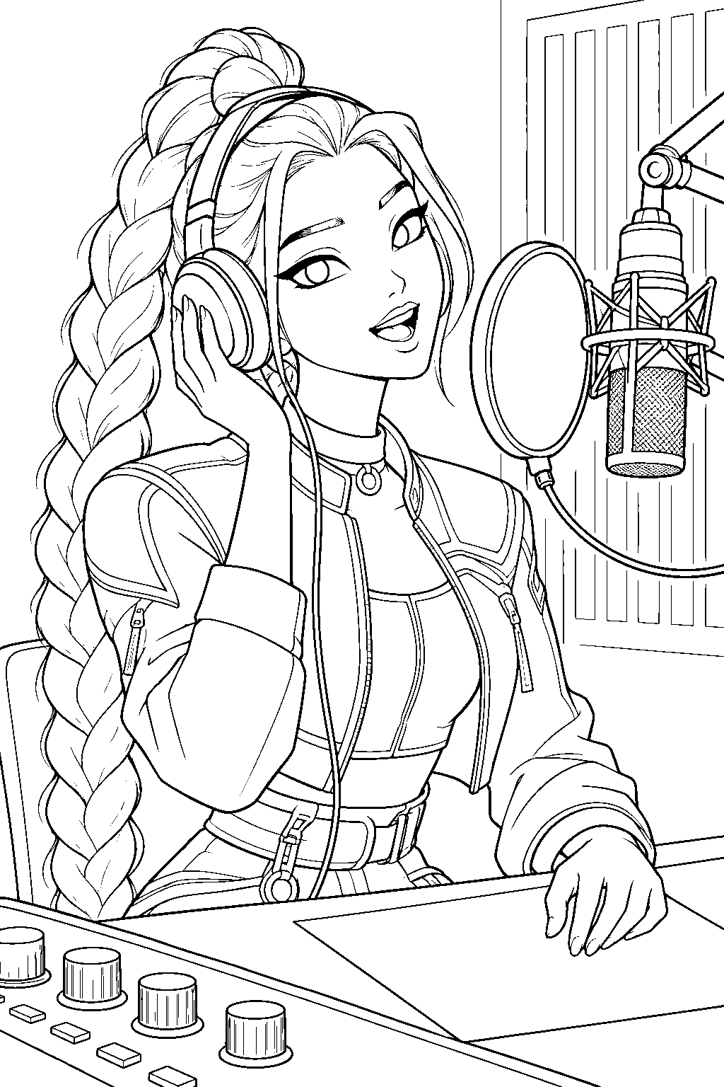 rumi kpop demon hunters recording vocals in a music studio line art