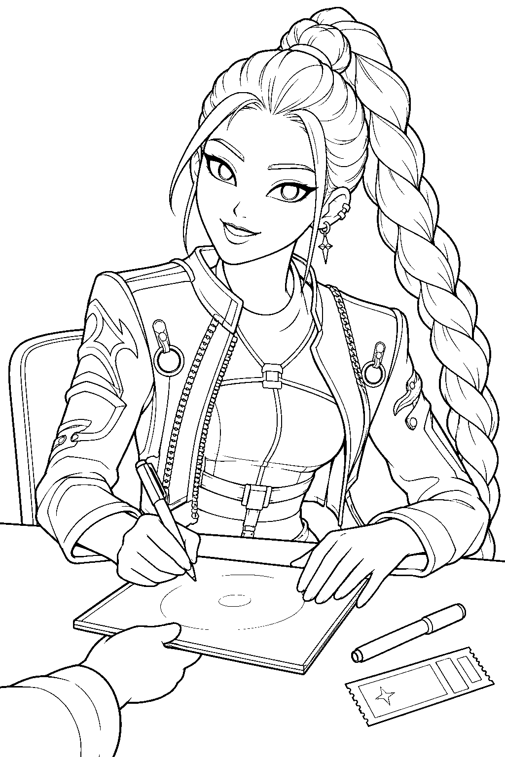 rumi kpop demon hunters signing an autograph for a fan line art