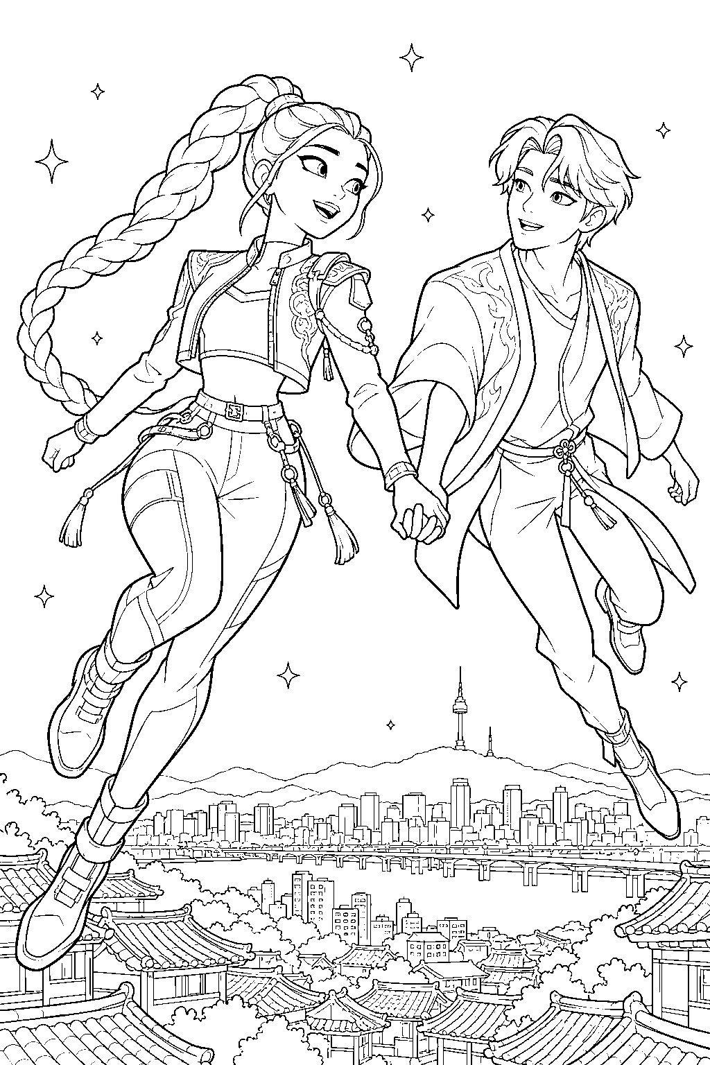rumi kpop demon hunters singing with jinu above seoul line art